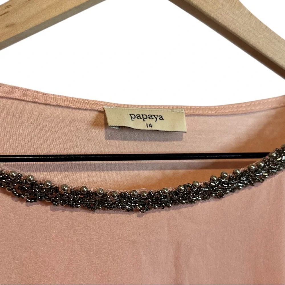 Papaya Blush Pink Peach Blouse Women’s 14 Short Sleeve Bead Trim Blouse Top - Picture 3 of 4